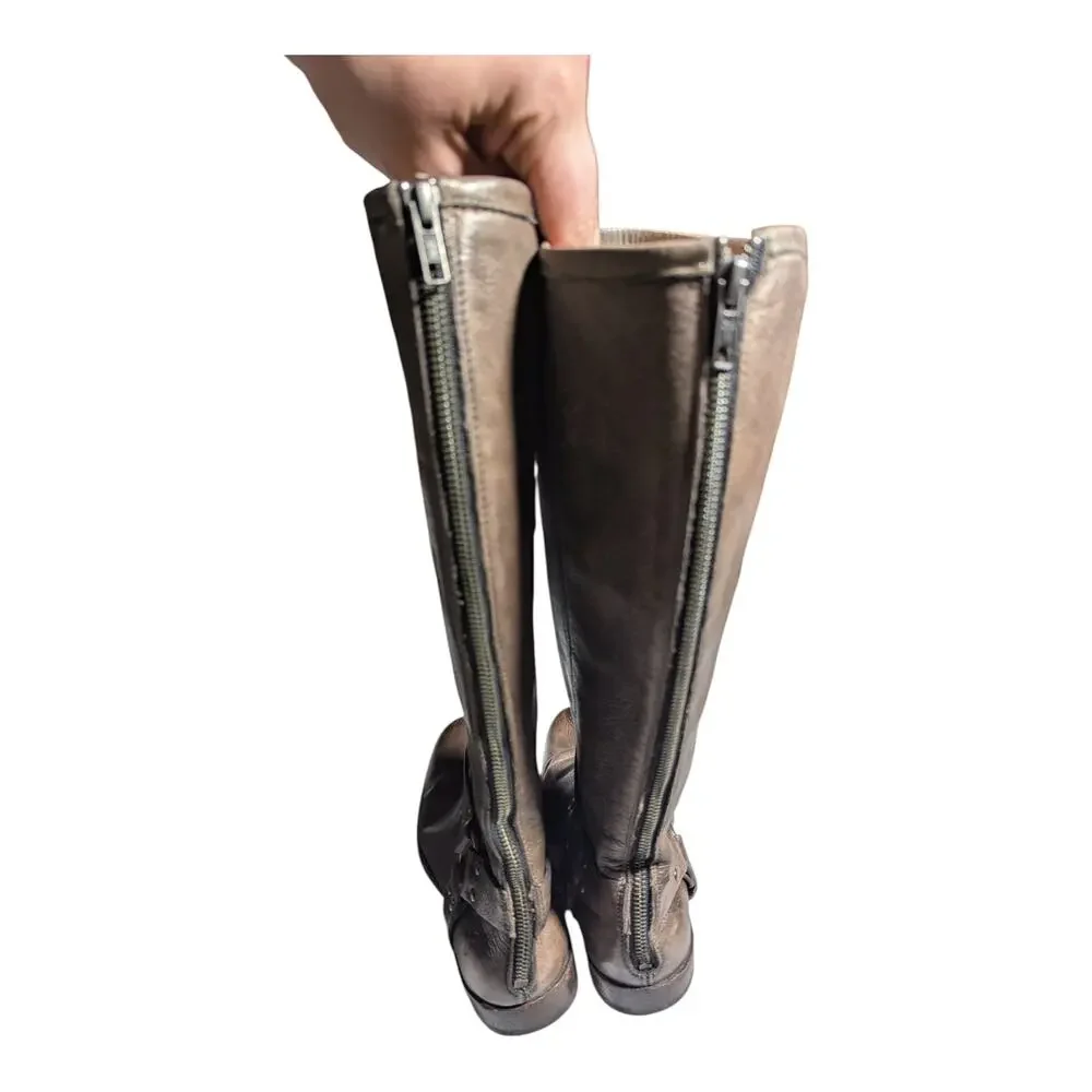 Frye Philip Harness Mushroom Brown Leather Knee High Back Zip Riding Boots Sz 8